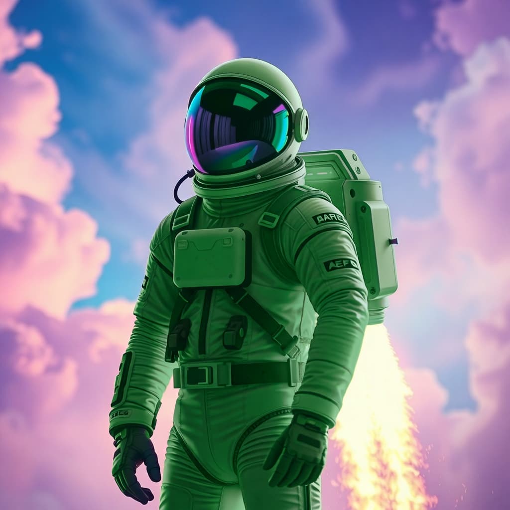 Green astronaut in a reflective helmet, with pink clouds and rocket exhaust.